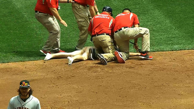 Security Guard Levels Streaker on Miller Park Infield Dirt